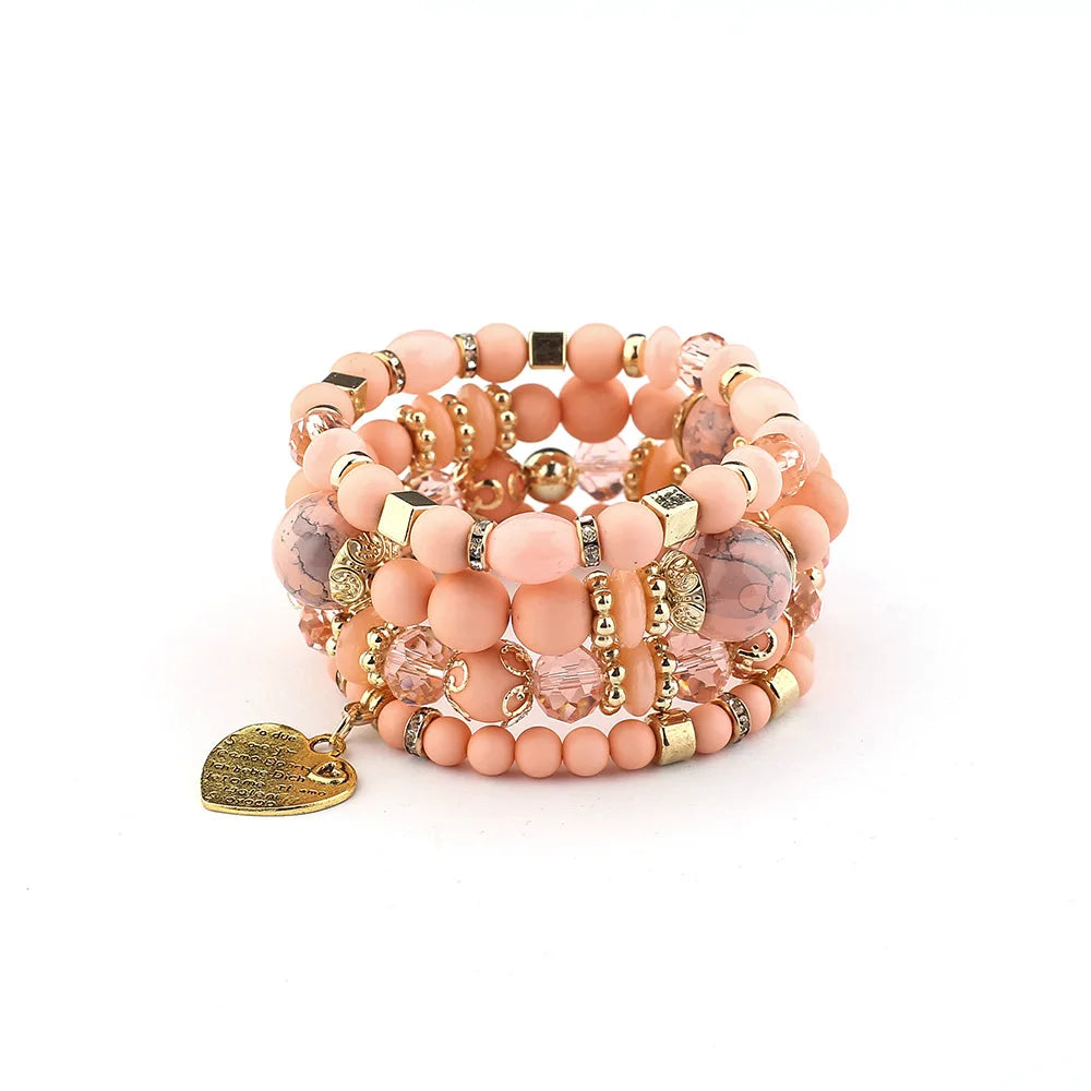 4Pcs Bohemia Acrylic Beaded Bracelet Set For Women Solid Heart Charm Elastic Chain Bangle Men Retro Daily Wear Jewelry Gift