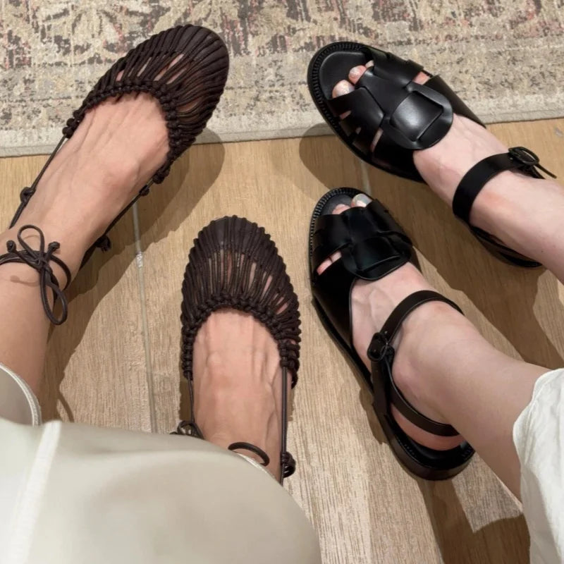 2025 Summer Low Heels Roma Sandals Fashion Outdoor Woven Hollow Women Sandals Casual Lace-up Round Head Sandals