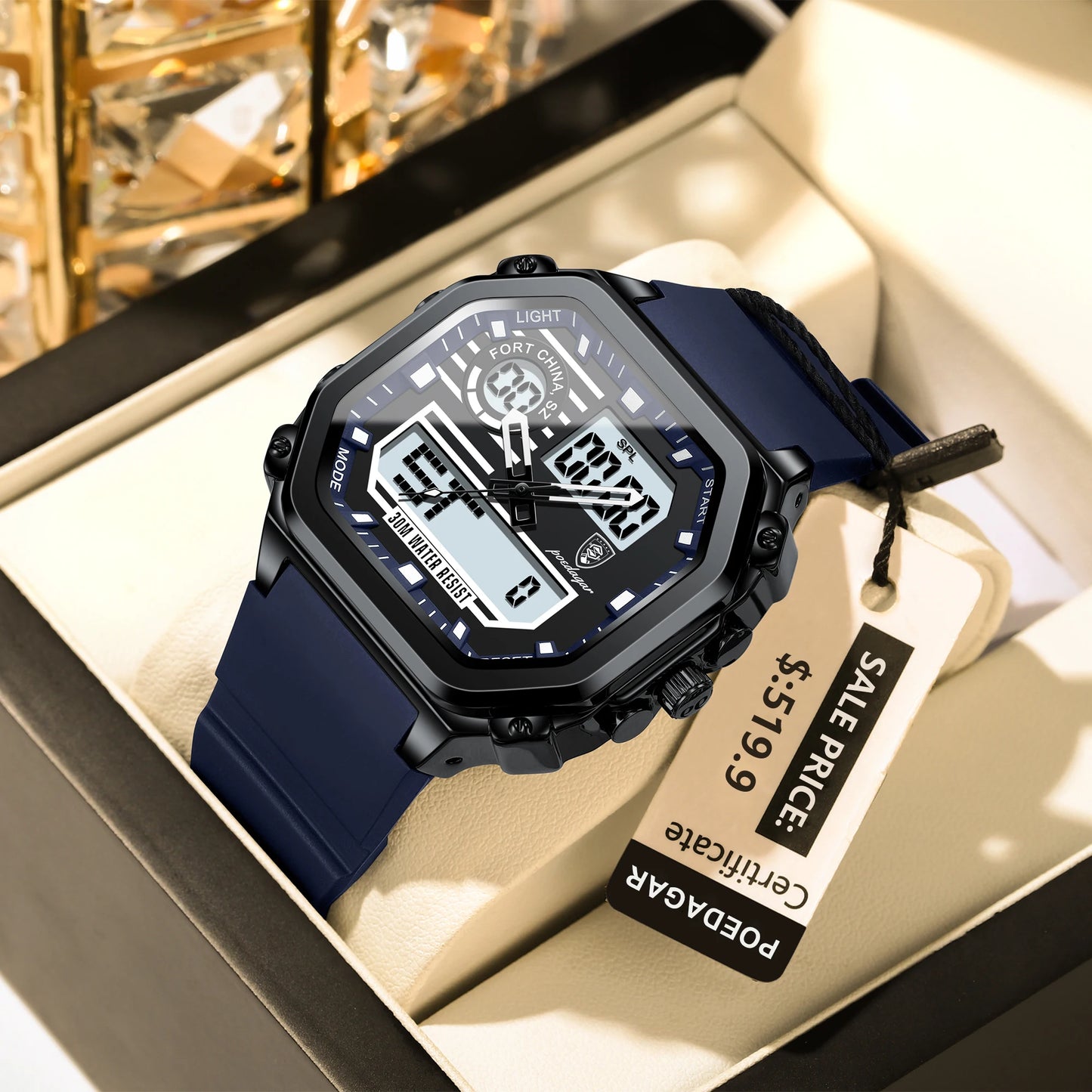 POEDAGAR LED Sport Men Clock Dual Time Display Digital Week Date Square Man Watch Electronic Silicone Strap Men's Quartz Watches