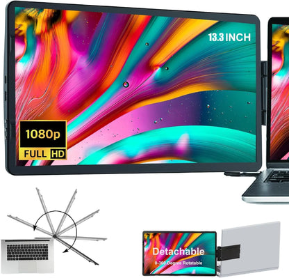 Laptop Screen Extender - 360° Rotatable Portable Monitor | 13.3" Foldable Laptop Monitor Extender with USB-C & Mini HDMI Plug and Play for Mac PC and Android