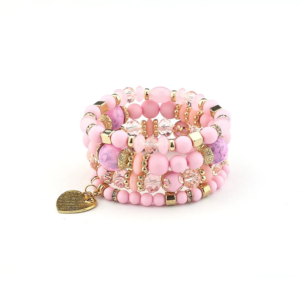 4Pcs Bohemia Acrylic Beaded Bracelet Set For Women Solid Heart Charm Elastic Chain Bangle Men Retro Daily Wear Jewelry Gift
