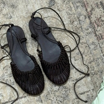 2025 Summer Low Heels Roma Sandals Fashion Outdoor Woven Hollow Women Sandals Casual Lace-up Round Head Sandals