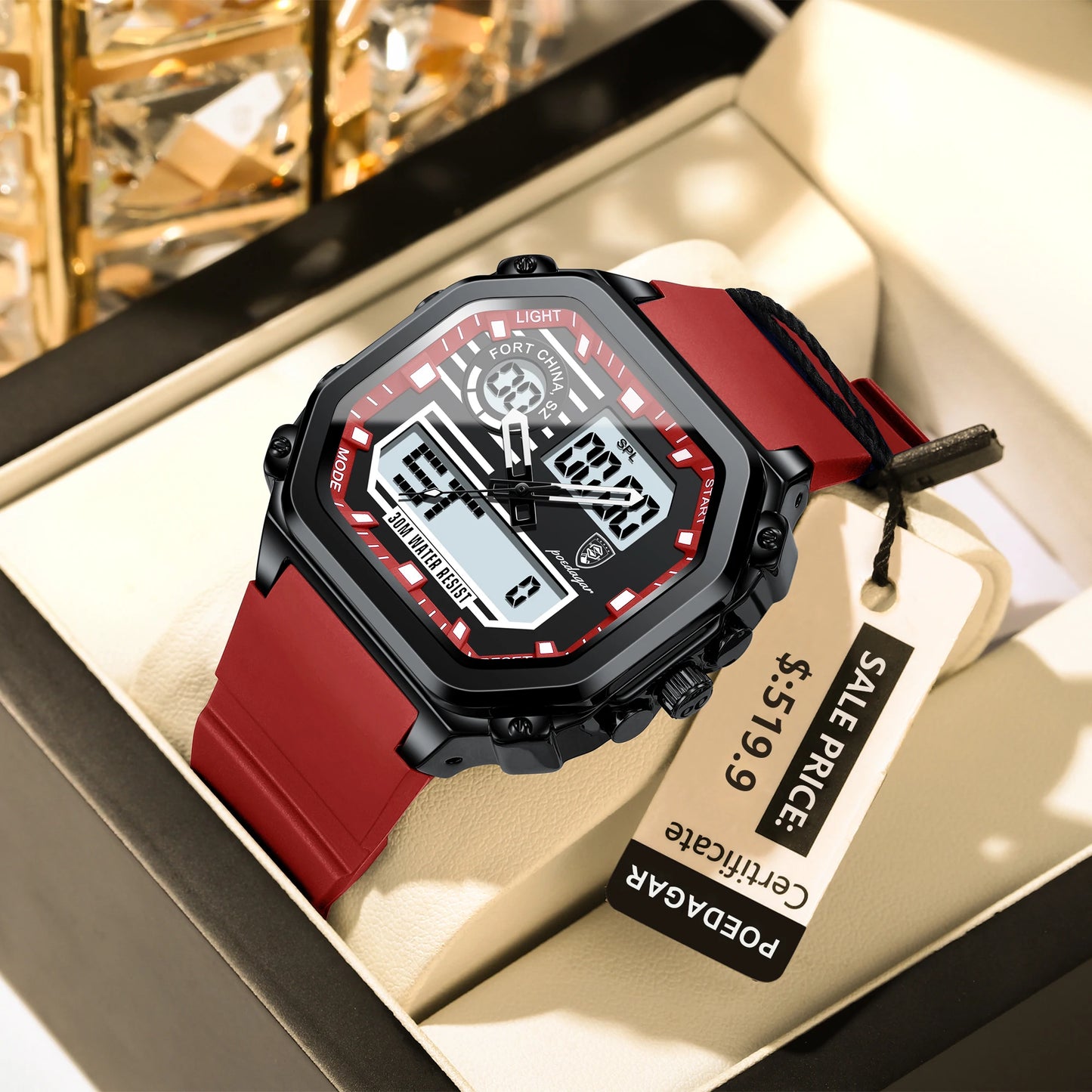 POEDAGAR LED Sport Men Clock Dual Time Display Digital Week Date Square Man Watch Electronic Silicone Strap Men's Quartz Watches