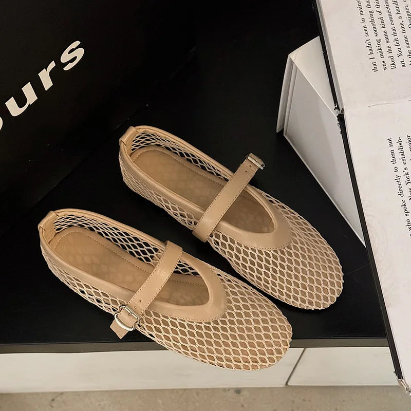Breathable Mesh Black Ballet Shoes Female Spring Summer Fashion Flats Soft Sole Round Toe Girls Daily Walking Street Sandals