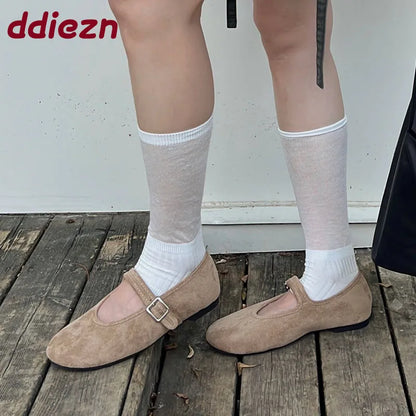 Shallow Footwear Buckle Strap Ladies Mary Janes Flats Shoes Soft Female Round Toe Fashion Flock Women Flats With Shoes lady