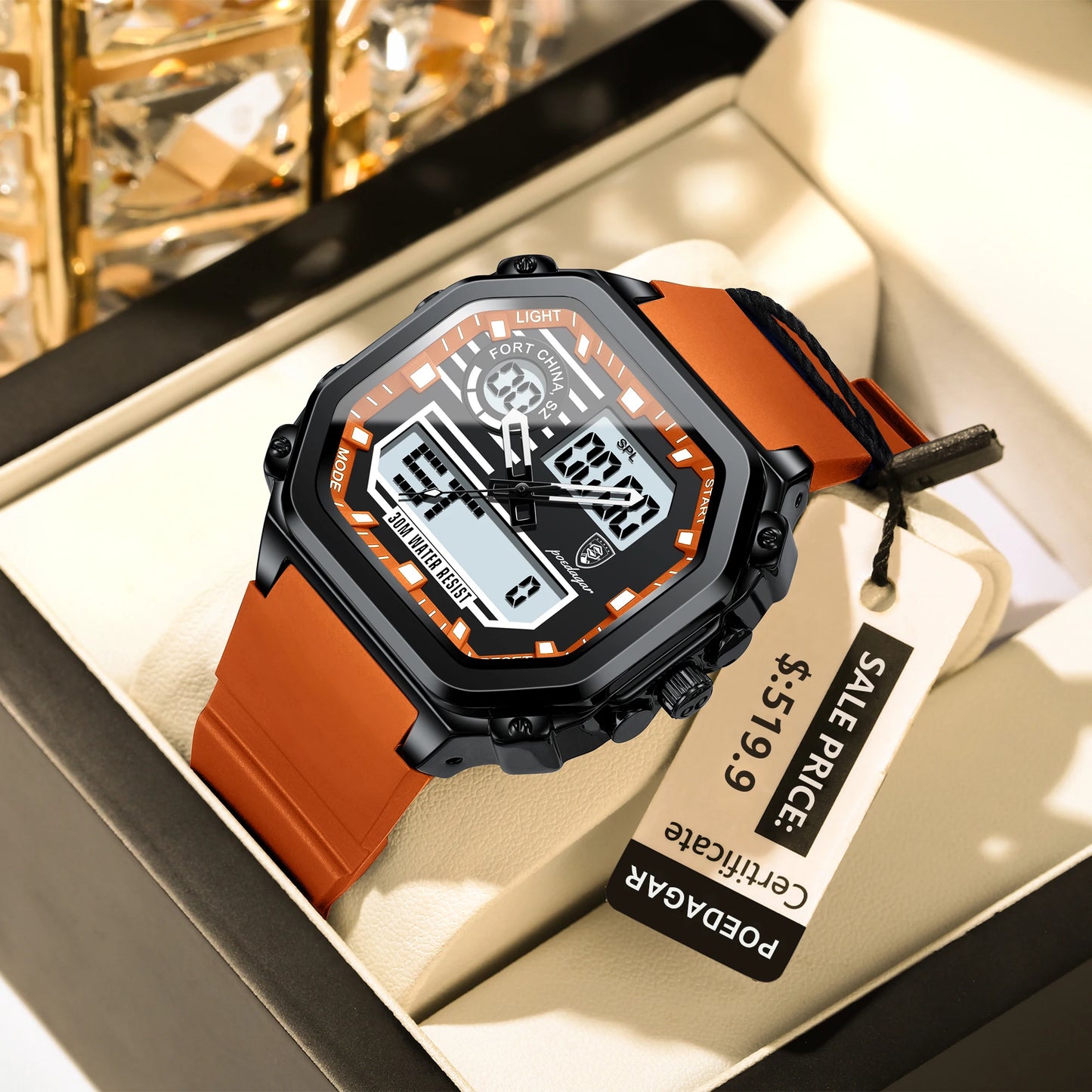 POEDAGAR LED Sport Men Clock Dual Time Display Digital Week Date Square Man Watch Electronic Silicone Strap Men's Quartz Watches