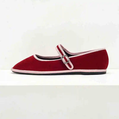 Flats Mary Jane Shoes Women 2024 Trend Velvet Casual Streetwear Ladies Shoes Canvas Buckle Strap Pointed Toe Loafers Elegant
