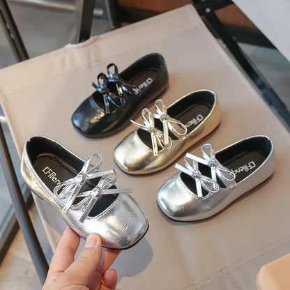 Kids Square Dance Performance Shoes Black Solid Color Girls Princess Shoe with Double Bow 2024 New Girls Leather Shoes Soft Sole
