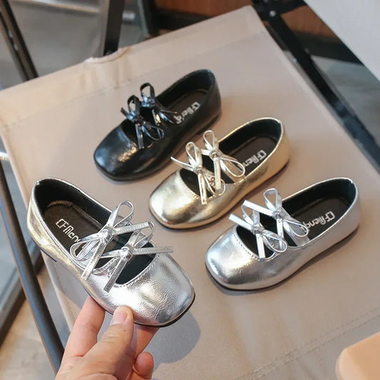 Kids Square Dance Performance Shoes Black Solid Color Girls Princess Shoe with Double Bow 2024 New Girls Leather Shoes Soft Sole