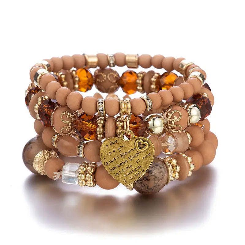 4Pcs Bohemia Acrylic Beaded Bracelet Set For Women Solid Heart Charm Elastic Chain Bangle Men Retro Daily Wear Jewelry Gift