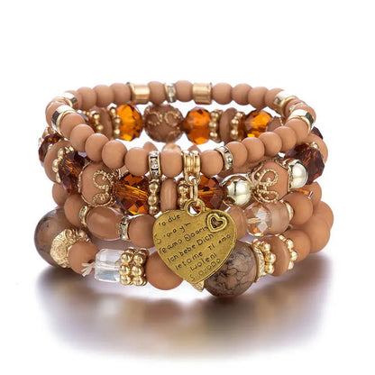 4Pcs Bohemia Acrylic Beaded Bracelet Set For Women Solid Heart Charm Elastic Chain Bangle Men Retro Daily Wear Jewelry Gift