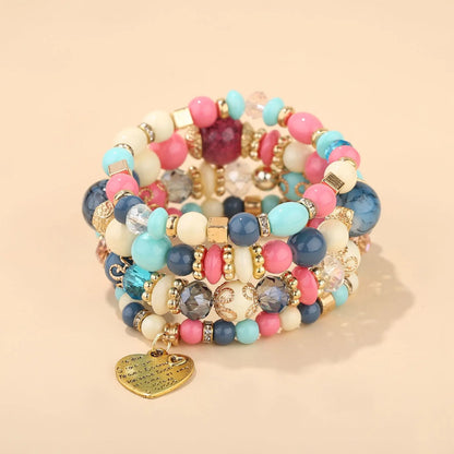 4Pcs Bohemia Acrylic Beaded Bracelet Set For Women Solid Heart Charm Elastic Chain Bangle Men Retro Daily Wear Jewelry Gift