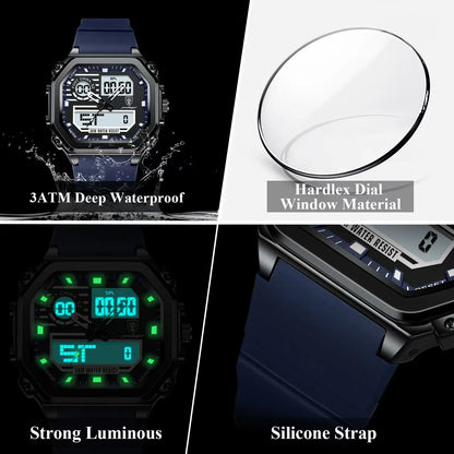 POEDAGAR LED Sport Men Clock Dual Time Display Digital Week Date Square Man Watch Electronic Silicone Strap Men's Quartz Watches
