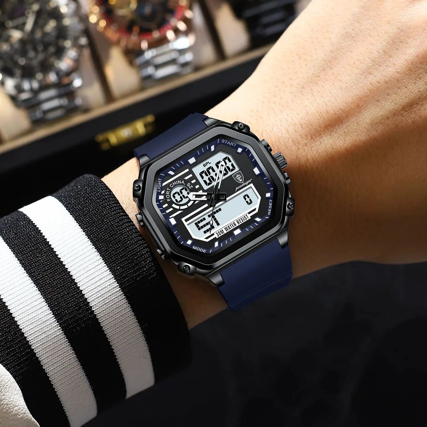 POEDAGAR LED Sport Men Clock Dual Time Display Digital Week Date Square Man Watch Electronic Silicone Strap Men's Quartz Watches