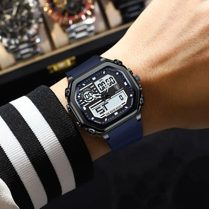 POEDAGAR LED Sport Men Clock Dual Time Display Digital Week Date Square Man Watch Electronic Silicone Strap Men's Quartz Watches