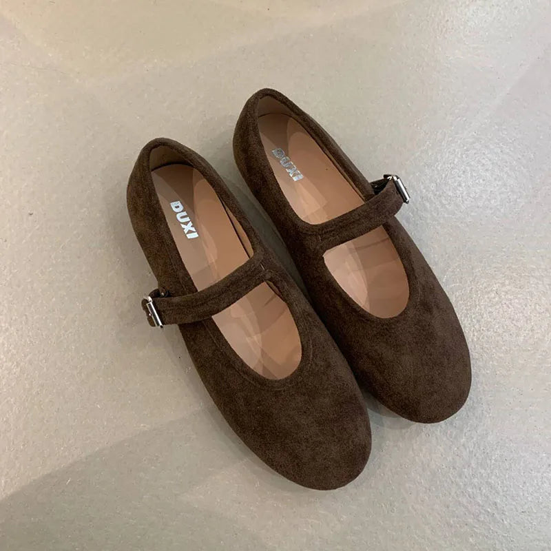 Shallow Footwear Buckle Strap Ladies Mary Janes Flats Shoes Soft Female Round Toe Fashion Flock Women Flats With Shoes lady
