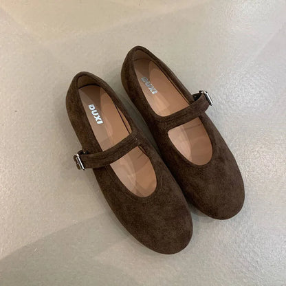 Shallow Footwear Buckle Strap Ladies Mary Janes Flats Shoes Soft Female Round Toe Fashion Flock Women Flats With Shoes lady
