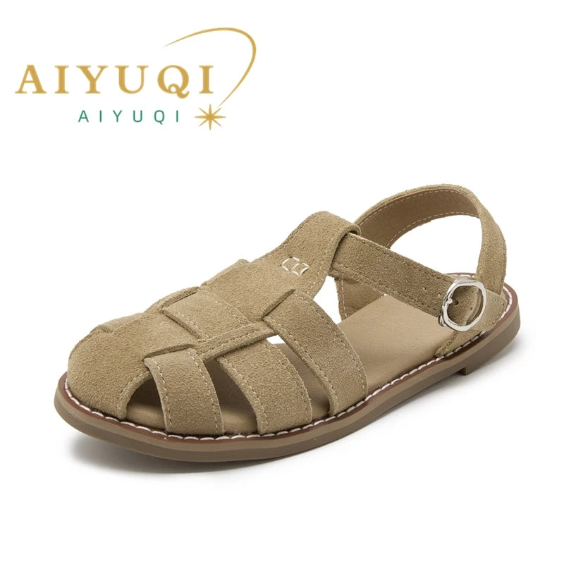 AIYUQI Flat-soled Retro Genuine Leather Hollow Baotou Sandals Women's 2025 New Hollow Pig Cage Women's Sandals