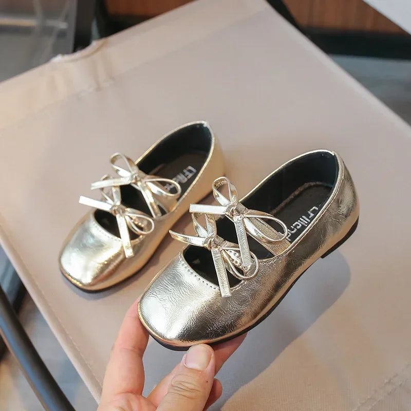 Kids Square Dance Performance Shoes Black Solid Color Girls Princess Shoe with Double Bow 2024 New Girls Leather Shoes Soft Sole