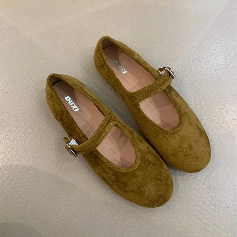 Shallow Footwear Buckle Strap Ladies Mary Janes Flats Shoes Soft Female Round Toe Fashion Flock Women Flats With Shoes lady