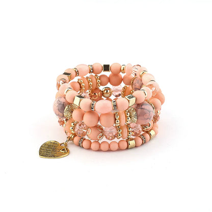 4Pcs Bohemia Acrylic Beaded Bracelet Set For Women Solid Heart Charm Elastic Chain Bangle Men Retro Daily Wear Jewelry Gift