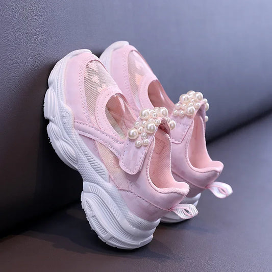Girls Tennis Shoes Mesh Hollowed 2024 Summer New Children Solid Color Pearl Sports Shoes Kids Princess Sneakers Cute Heart