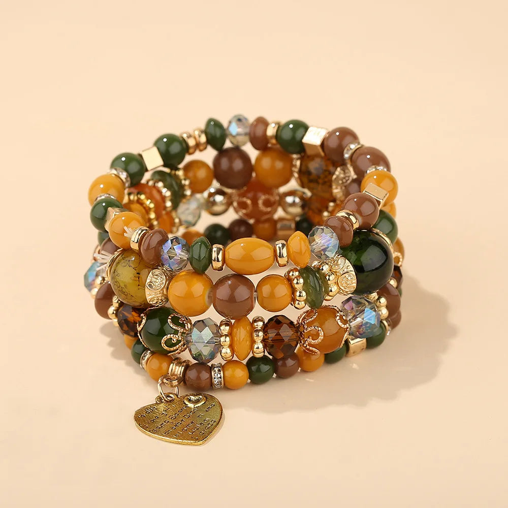 4Pcs Bohemia Acrylic Beaded Bracelet Set For Women Solid Heart Charm Elastic Chain Bangle Men Retro Daily Wear Jewelry Gift