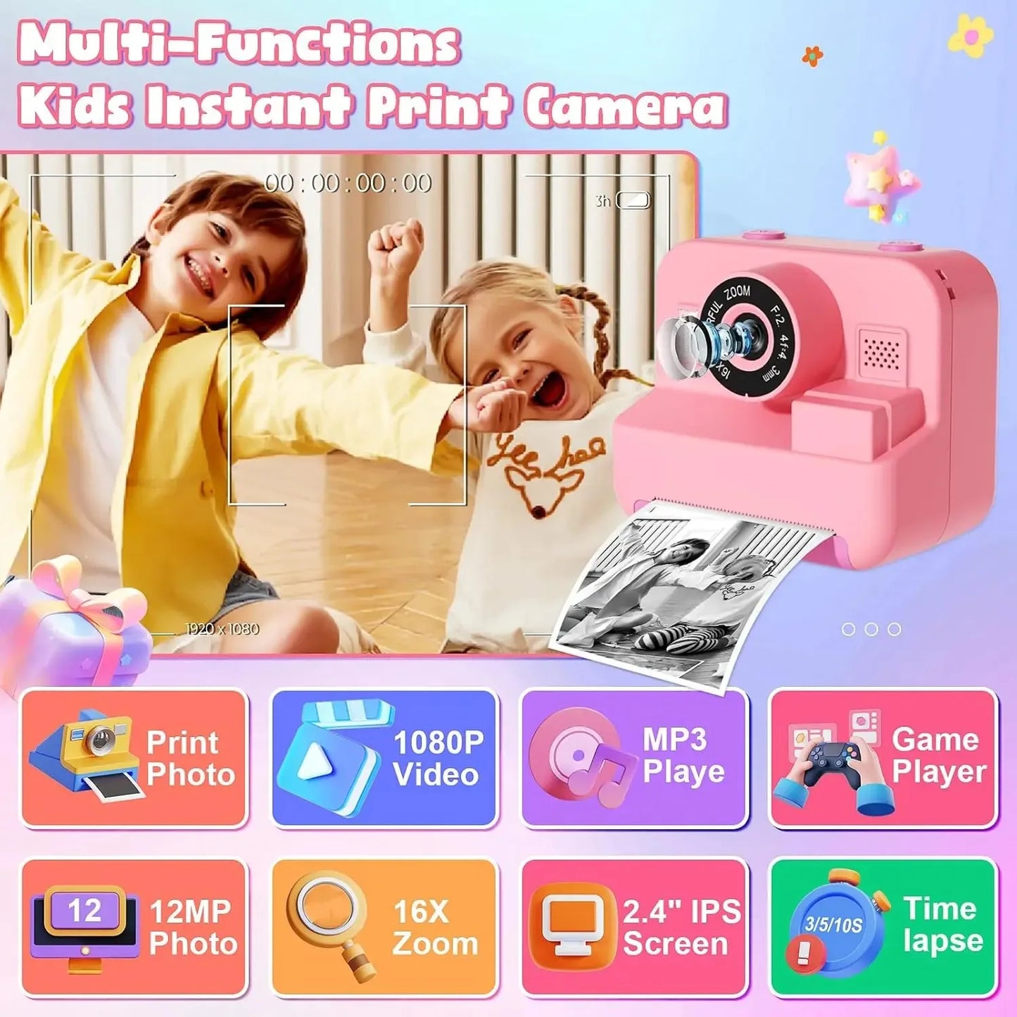 newInstant Print Camera With 32G Card Thermal Photo Printing Digital Children Camera Video Photography Educational Toy Kids Gift
