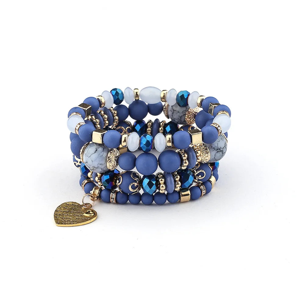 4Pcs Bohemia Acrylic Beaded Bracelet Set For Women Solid Heart Charm Elastic Chain Bangle Men Retro Daily Wear Jewelry Gift