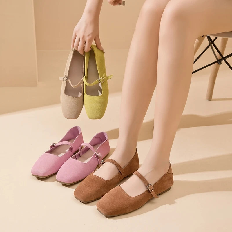 AIYUQI Mary Jane Women's Shoes 2025 New Suede Leather Non-slip Women Ballet Flat Shoes Square Toe Comfortable Female Shoes