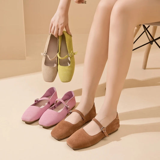 AIYUQI Mary Jane Women's Shoes 2025 New Suede Leather Non-slip Women Ballet Flat Shoes Square Toe Comfortable Female Shoes