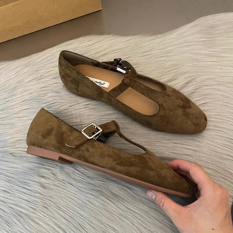 SUOJIALUN Autumn Women Flat Shoes Fashion Round Toe Slip On Ladies Elegant Mary Jane Shoes Soft Flat Heel Outdoor Dress Ballerin