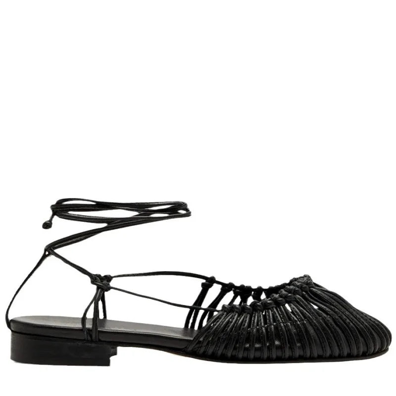 2025 Summer Low Heels Roma Sandals Fashion Outdoor Woven Hollow Women Sandals Casual Lace-up Round Head Sandals