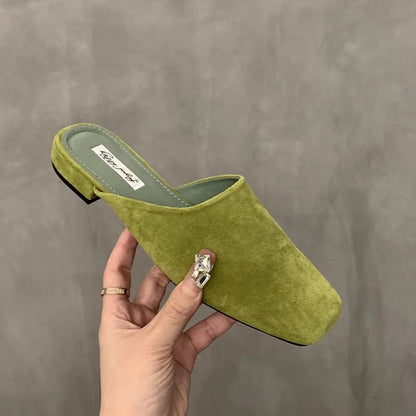 SUOJIALUN 2024 Autumn Women Flat Shoes Fashion Round Toe Slip On Mules Shoes Soft Flat Heel Outdoor Casual Dress Sandal Shoes