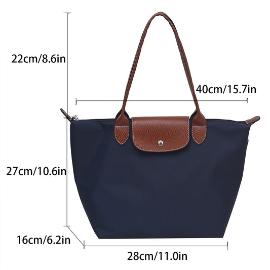 Minimalist Solid Color Shoulder Bag Nylon Large Capacity Tote Bag Magnetic Snap + Zip Reinforced Strap for Women Commute