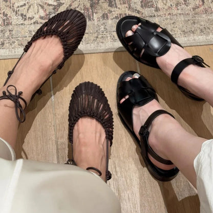 2025 Summer Low Heels Roma Sandals Fashion Outdoor Woven Hollow Women Sandals Casual Lace-up Round Head Sandals