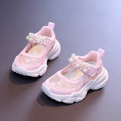 Girls Tennis Shoes Mesh Hollowed 2024 Summer New Children Solid Color Pearl Sports Shoes Kids Princess Sneakers Cute Heart