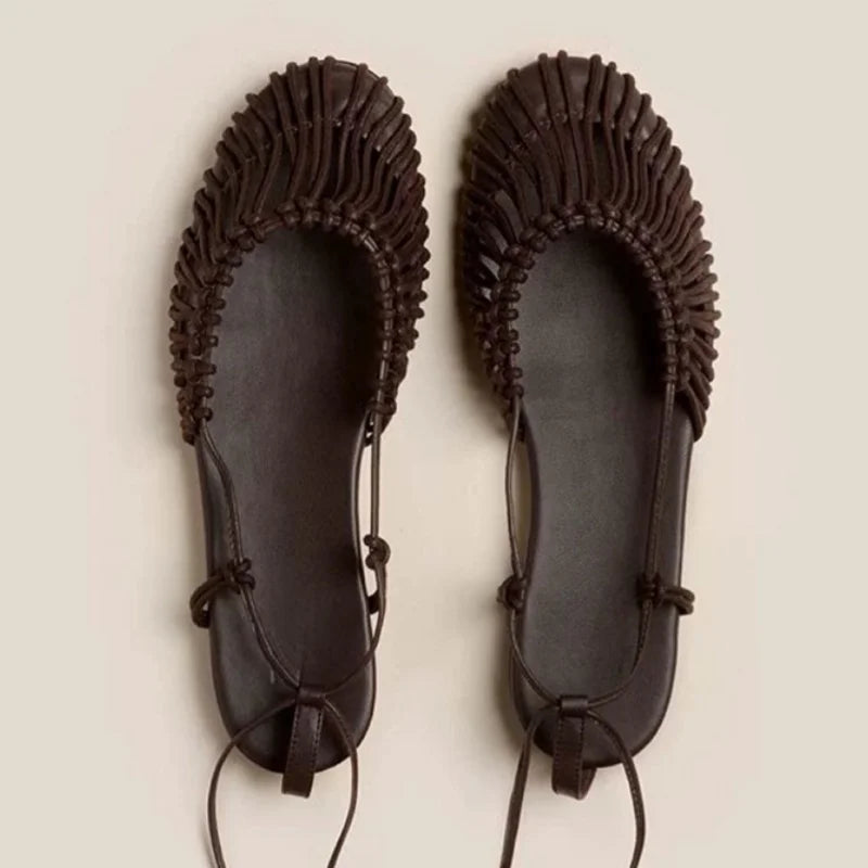 2025 Summer Low Heels Roma Sandals Fashion Outdoor Woven Hollow Women Sandals Casual Lace-up Round Head Sandals