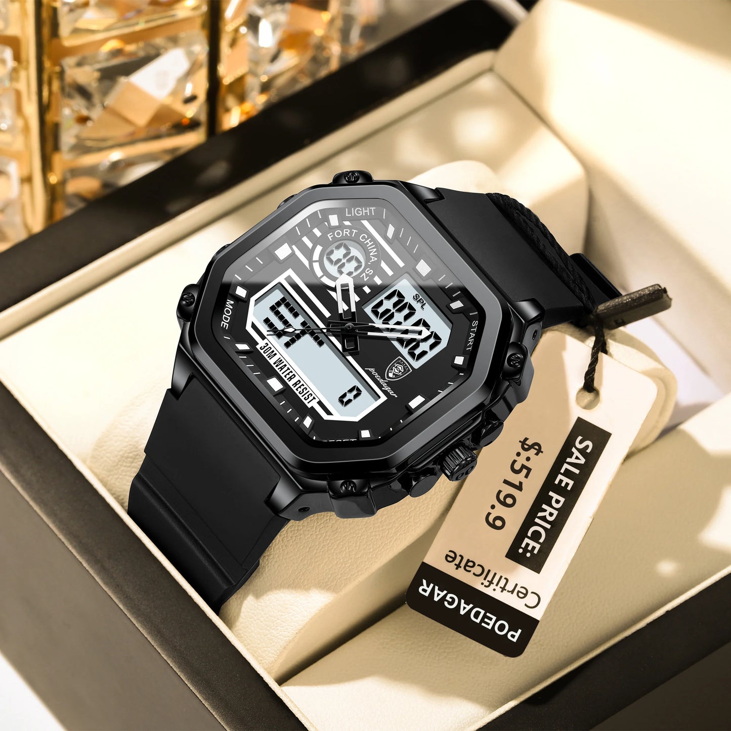 POEDAGAR LED Sport Men Clock Dual Time Display Digital Week Date Square Man Watch Electronic Silicone Strap Men's Quartz Watches