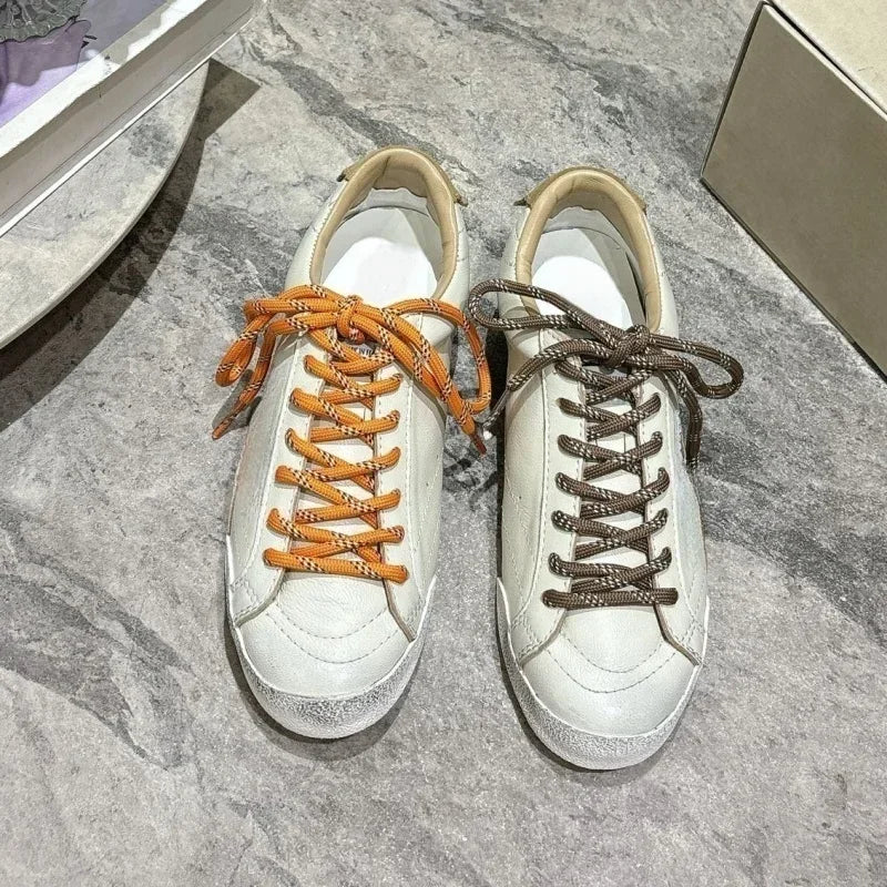 2025 Women Flats Unisex Round Toe Mixed Color Lace Up Leather Comfort Daily Commute New Simple Men Women Walking Casual  Shoes