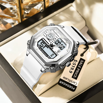 POEDAGAR LED Sport Men Clock Dual Time Display Digital Week Date Square Man Watch Electronic Silicone Strap Men's Quartz Watches