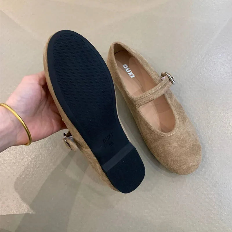 Shallow Footwear Buckle Strap Ladies Mary Janes Flats Shoes Soft Female Round Toe Fashion Flock Women Flats With Shoes lady