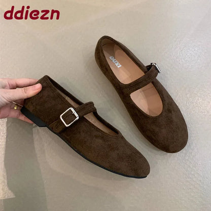 Shallow Footwear Buckle Strap Ladies Mary Janes Flats Shoes Soft Female Round Toe Fashion Flock Women Flats With Shoes lady