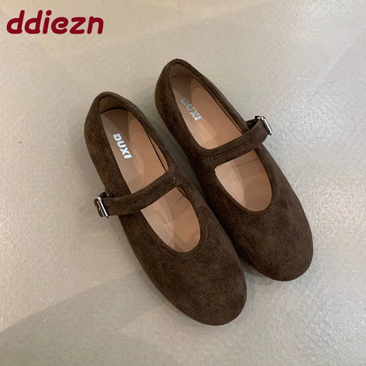 Shallow Footwear Buckle Strap Ladies Mary Janes Flats Shoes Soft Female Round Toe Fashion Flock Women Flats With Shoes lady