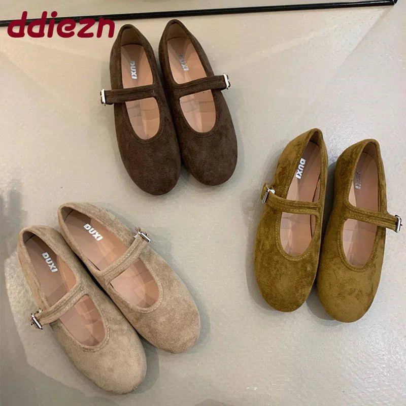 Shallow Footwear Buckle Strap Ladies Mary Janes Flats Shoes Soft Female Round Toe Fashion Flock Women Flats With Shoes lady