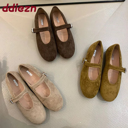 Shallow Footwear Buckle Strap Ladies Mary Janes Flats Shoes Soft Female Round Toe Fashion Flock Women Flats With Shoes lady