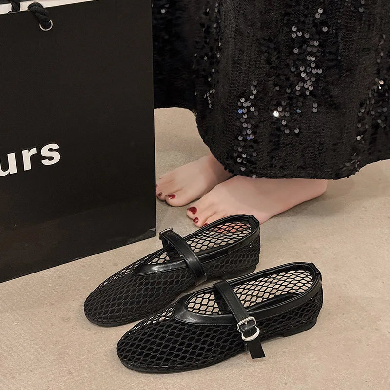 Breathable Mesh Black Ballet Shoes Female Spring Summer Fashion Flats Soft Sole Round Toe Girls Daily Walking Street Sandals