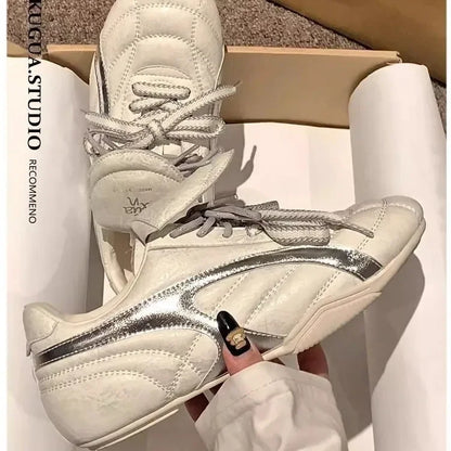 2025 New Spring Women's Shoes Vintage Flat Bottom AGAN Shoes Casual Sports White Shoes Synthetic Interior Fiber Optic Face