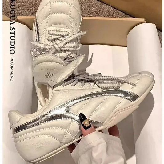 2025 New Spring Women's Shoes Vintage Flat Bottom AGAN Shoes Casual Sports White Shoes Synthetic Interior Fiber Optic Face