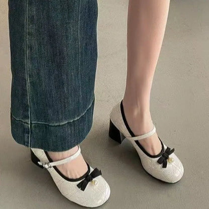 2025 Spring and Summer French Thick Heel Mary Jane Shoes Women's Spring Light Mouth High Heels Bow Single Shoes